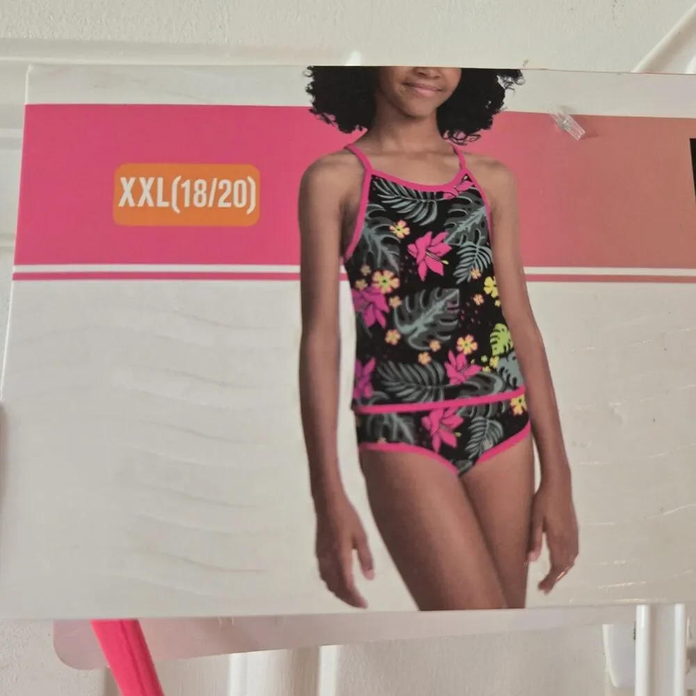 Hurley Girls XL 18/20 Tankini Swimsuit 2 Piece Tropical Floral Black Pink NWT